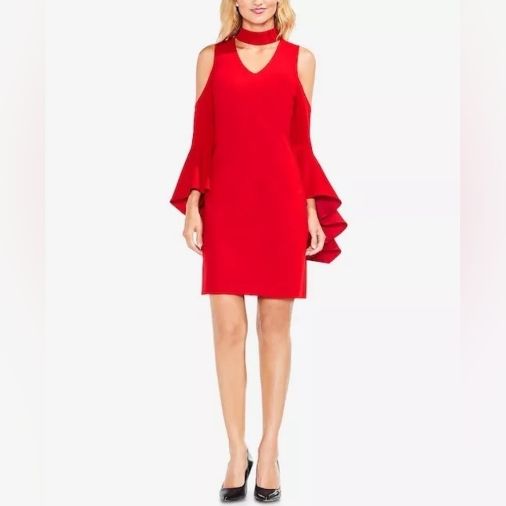 New Vince Camuto Red Choker Bell Sleeve Cold Shoulder Holiday Party Dress Size M